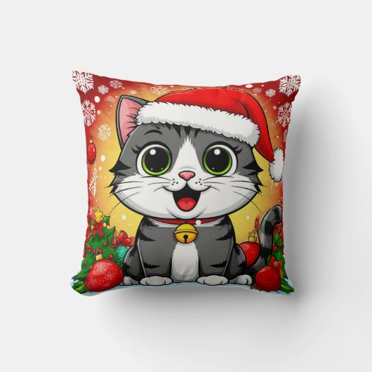 Cartoonkat met kerstmuts en kerstdecoratie kussen (Voorkant)