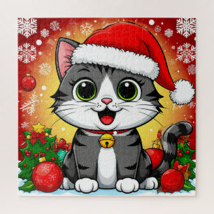 Cartoonkat met kerstmuts en kerstdecoratie legpuzzel