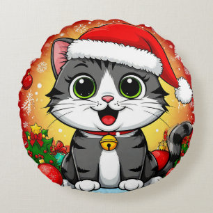 Cartoonkat met kerstmuts en kerstdecoratie rond kussen