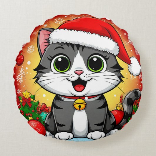 Cartoonkat met kerstmuts en kerstdecoratie rond kussen (Voorkant)
