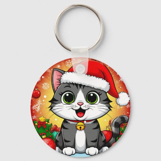 Cartoonkat met kerstmuts en kerstdecoratie sleutelhanger (Voorkant)