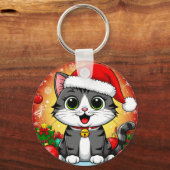 Cartoonkat met kerstmuts en kerstdecoratie sleutelhanger (Achterkant)