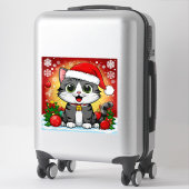 Cartoonkat met kerstmuts en kerstdecoratie sticker (Koffer)