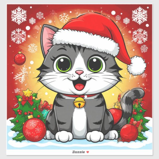 Cartoonkat met kerstmuts en kerstdecoratie sticker (Vel)