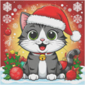 Cartoonkat met kerstmuts en kerstdecoratie sticker (Voorkant)