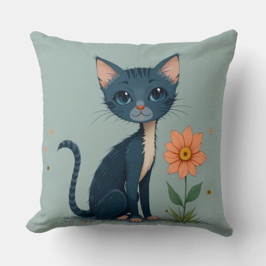 Cartoonkat Staand bij een Gele Bloem Kussen (Voorkant)