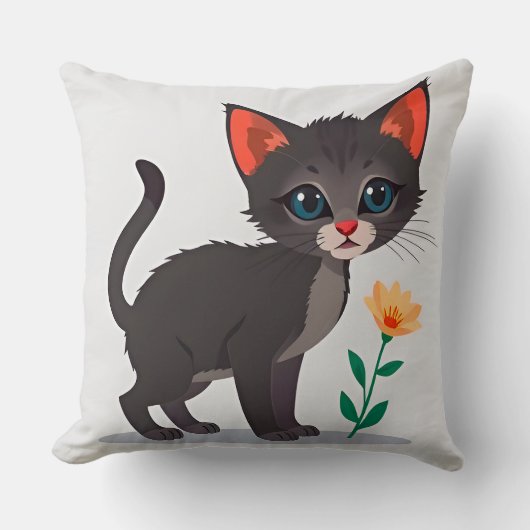 Cartoonkat Staand bij een Gele Bloem Kussen (Voorkant)