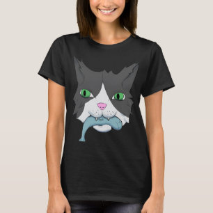 Cartoonkat trots met zijn blauwe visvangst t-shirt