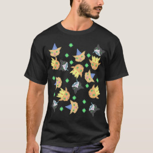 Cartoonkatcollage met feesthoeden, kronen en vis t-shirt