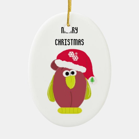 Cartoonkip in een kerstmuts keramisch ornament (Voorkant)