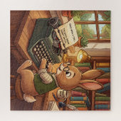 Cartoonkonijn typt op een retro schrijfmachine legpuzzel (Horizontaal)