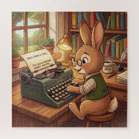 Cartoonkonijn typt op een retro schrijfmachine legpuzzel (Verticaal)