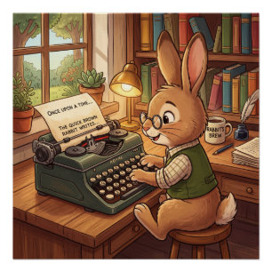 Cartoonkonijn typt op een retro schrijfmachine perfect poster