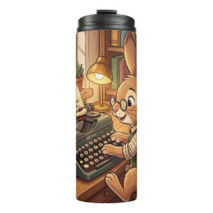 Cartoonkonijn typt op een retro schrijfmachine thermosbeker