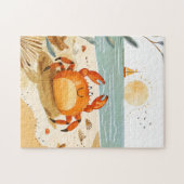 Cartoonkrab op strand met boot op achtergrond legpuzzel (Horizontaal)