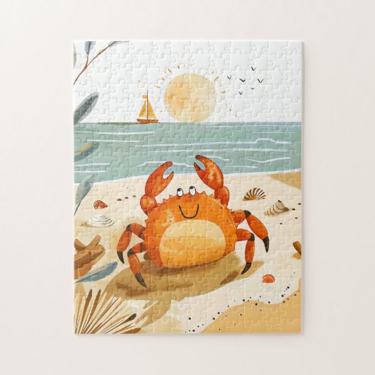 Cartoonkrab op strand met boot op achtergrond legpuzzel (Verticaal)