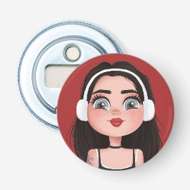 Cartoonmeisje met koptelefoon op rood button flesopener