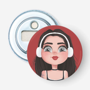 Cartoonmeisje met koptelefoon op rood button flesopener