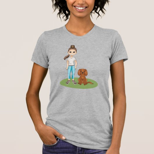 Cartoonmeisje & Ruby Cavalier Spaniel Cartoonhond T-shirt (Voorkant)