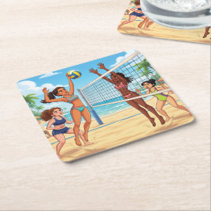 Cartoonmeisjes die strandvolleybal spelen kartonnen onderzetters