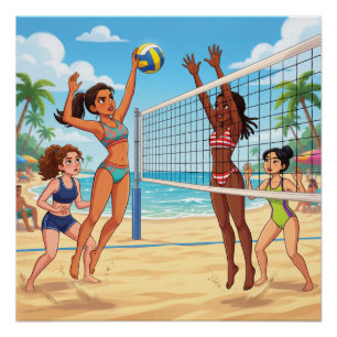 Cartoonmeisjes die strandvolleybal spelen perfect poster
