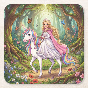 Cartoonprinses die op de eenhoorn rijdt kartonnen onderzetters