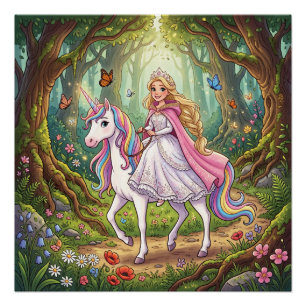 Cartoonprinses die op de eenhoorn rijdt perfect poster