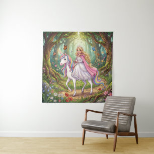 Cartoonprinses die op de eenhoorn rijdt wandkleed