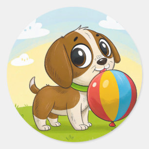 Cartoonpuppy met een kleurrijke bal ronde sticker