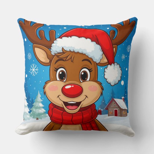 Cartoonrendier Met Kerstmanhoed Kussen (Voorkant)