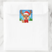 Cartoonrendier Met Kerstmannenhoed Vierkante Sticker (Tas)