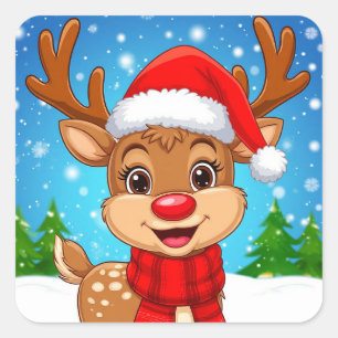 Cartoonrendier Met Kerstmannenhoed Vierkante Sticker