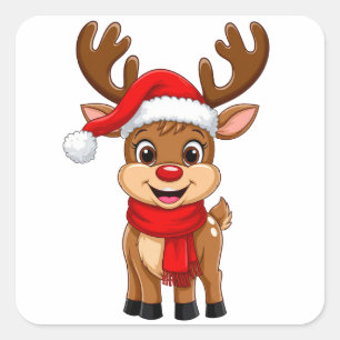Cartoonrendier Met Kerstmannenhoed  Vierkante Sticker