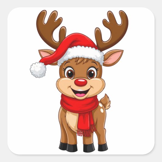 Cartoonrendier Met Kerstmannenhoed Vierkante Sticker (Voorkant)