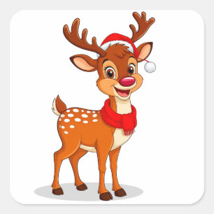 Cartoonrendier met kerstmuts en sjaal vierkante sticker