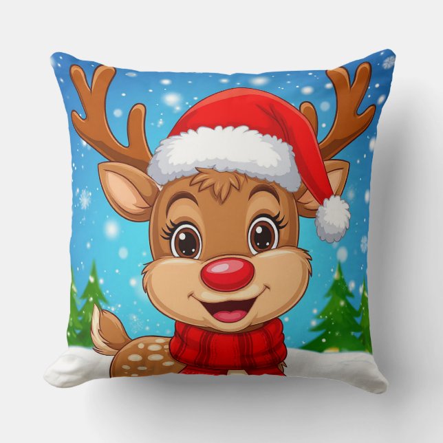 Cartoonrendier met kerstmuts kussen (Voorkant)