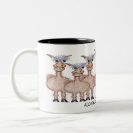 Cartoonrij met grappige alpaca's tweekleurige koffiemok