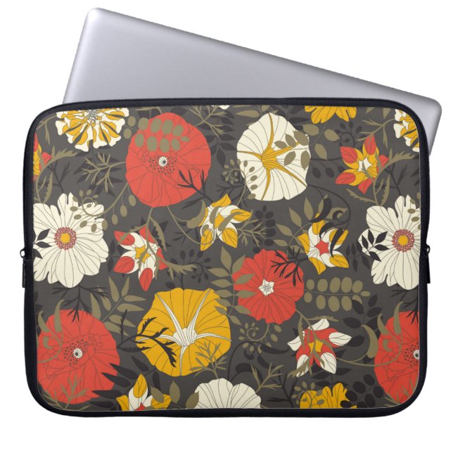 cartoons bladeren en bloemen op een donkere achter laptop sleeve (Voorkant)