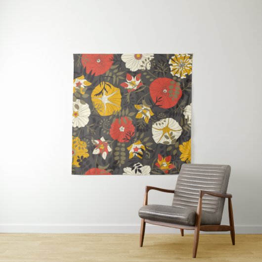 cartoons bladeren en bloemen op een donkere achter wandkleed (In Situ (horizontaal))