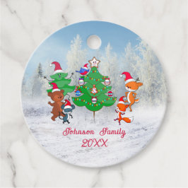 Cartoons dansen rond de kerstboom bedankjes labels
