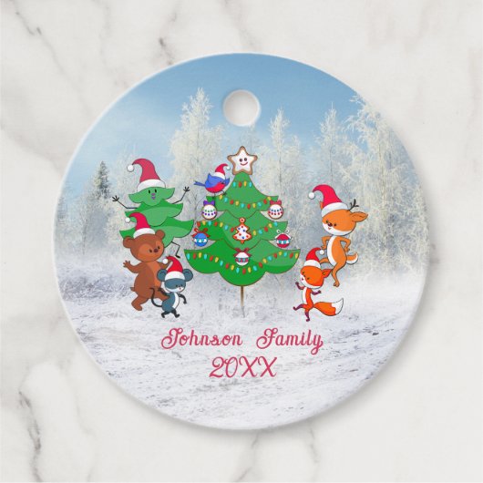 Cartoons dansen rond de kerstboom bedankjes labels (Voorkant)