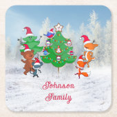 Cartoons dansen rond de kerstboom kartonnen onderzetters (Voorkant)