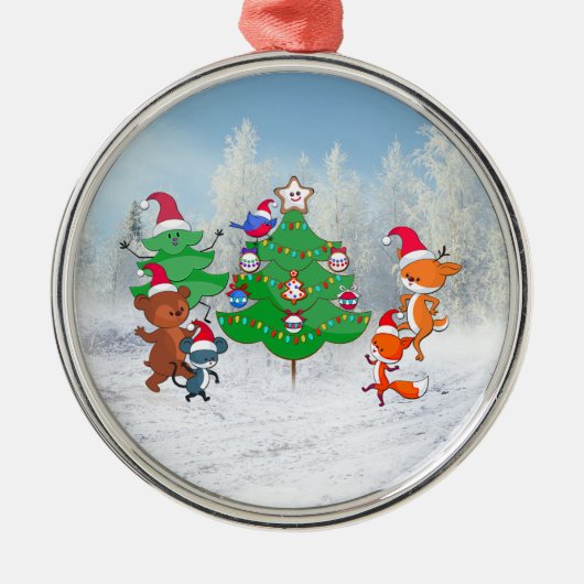Cartoons dansen rond de kerstboom metalen ornament (Voorkant)