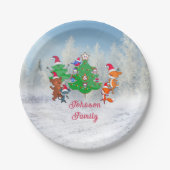 Cartoons dansen rond de kerstboom papieren bordje (Voorkant)