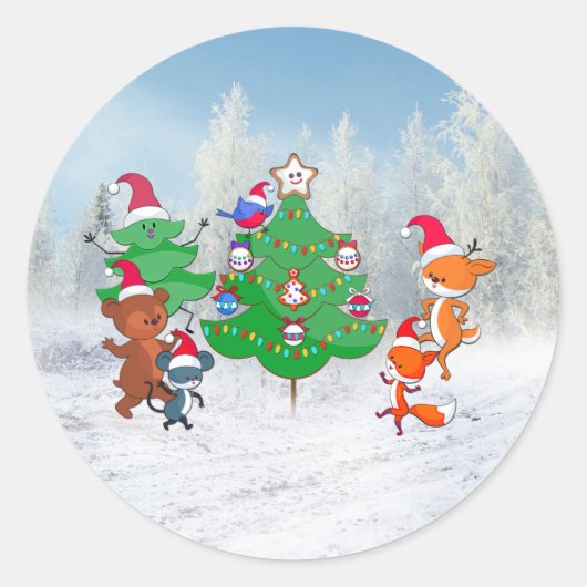 Cartoons dansen rond de kerstboom ronde sticker (Voorkant)