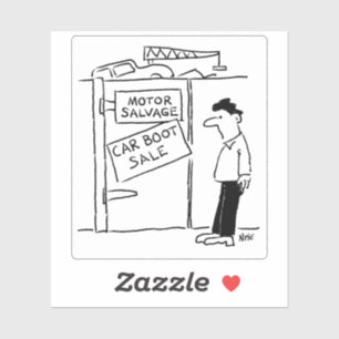 Cartoons van autodemontage met car boot sale. sticker