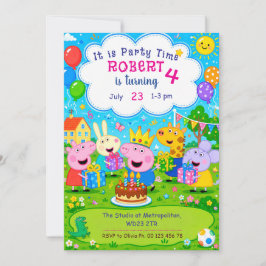 Cartoonthema roze varkens uitnodiging. Kinderfeest Kaart