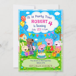 Cartoontje varkens thema uitnodiging. Kinderfeestj Kaart