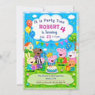 Cartoontje varkens thema uitnodiging. Kinderfeestj Kaart