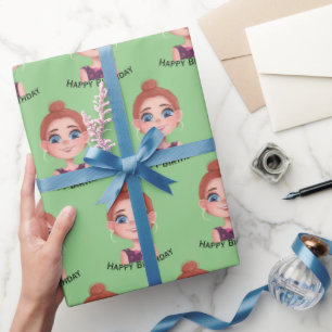 Cartoontype verjaardagsmeisje met grote ogen cadeaupapier